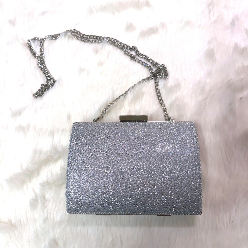 Olga Berg Rhinestone Clutch Womens Small‎ Silver Crystal Evening Bag Chain Strap